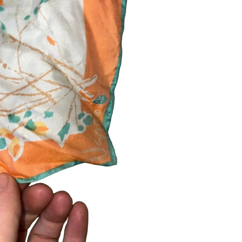 vera vintage FLOWER silk orange turquoise hand rolled sewn rectangle sca…